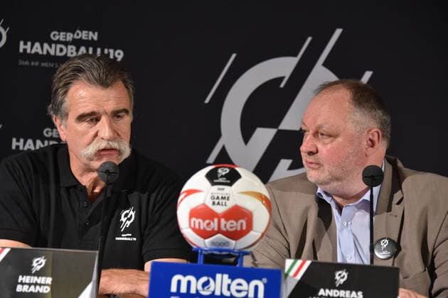 Heiner Brand Ambassador of the Handball World Championship lr and Andreas Michelmann DHB President pose on 15.06.208 in Cologne at the presentation of the Handball World Cup Ambassador The Handball World Cup 2019 will take place from 10th to 27th January 2019 in the Lanxess Arena in Cologne