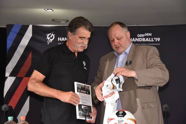 Heiner Brand Ambassador of the Handball World Championship lr and Andreas Michelmann DHB President pose on 15.06.208 in Cologne at the presentation of the Handball World Cup Ambassador The Handball World Cup 2019 will take place from 10th to 27th January 2019 in the Lanxess Arena in Cologne