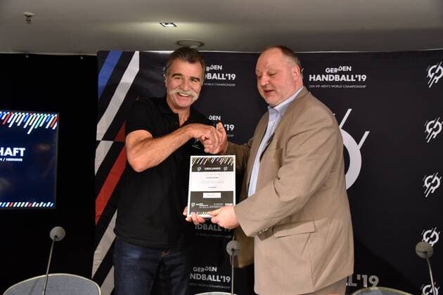 Heiner Brand Ambassador of the Handball World Championship lr and Andreas Michelmann DHB President pose on 15.06.208 in Cologne at the presentation of the Handball World Cup Ambassador The Handball World Cup 2019 will take place from 10th to 27th January 2019 in the Lanxess Arena in Cologne