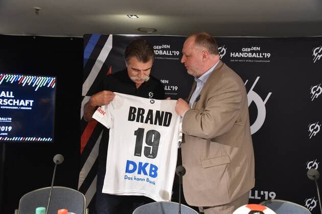 Heiner Brand Ambassador of the Handball World Championship lr and Andreas Michelmann DHB President pose on 15.06.208 in Cologne at the presentation of the Handball World Cup Ambassador The Handball World Cup 2019 will take place from 10th to 27th January 2019 in the Lanxess Arena in Cologne