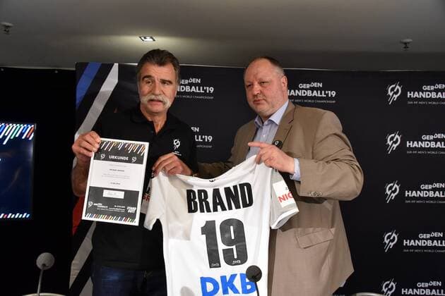 Heiner Brand Ambassador of the Handball World Championship lr and Andreas Michelmann DHB President pose on 15.06.208 in Cologne at the presentation of the Handball World Cup Ambassador The Handball World Cup 2019 will take place from 10th to 27th January 2019 in the Lanxess Arena in Cologne
