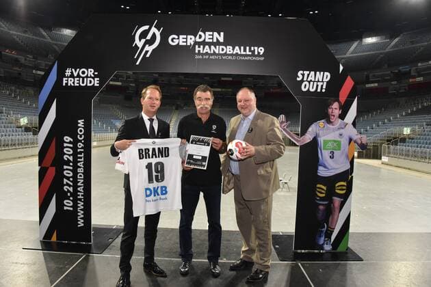 Heiner Brand Ambassadors of the Handball World Cup and Andreas Michelmann DHB President pose on 15.06.208 in Cologne at the presentation of the Handball World Cup Ambassadors The Handball World Championships 2019 will take place from the 10th of January 2019 in the Lanxess Arena in Cologne instead