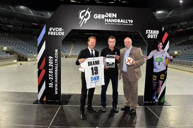 Heiner Brand Ambassadors of the Handball World Cup and Andreas Michelmann DHB President pose on 15.06.208 in Cologne at the presentation of the Handball World Cup Ambassadors The Handball World Championships 2019 will take place from the 10th of January 2019 in the Lanxess Arena in Cologne instead
