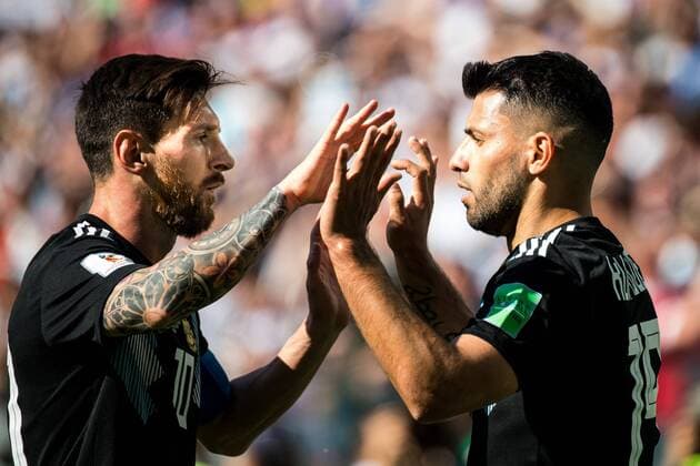 180616 Lionel Messi celebrates with Sergio Aguero after 1 0 during the FIFA World Cup group stage match between Argentina and Iceland on June 16, 2018 in Moscow Photo Petter Arvidson BILDBYR N Code PA 92068  Copyright: PETTERxARVIDSON BB180616PA139