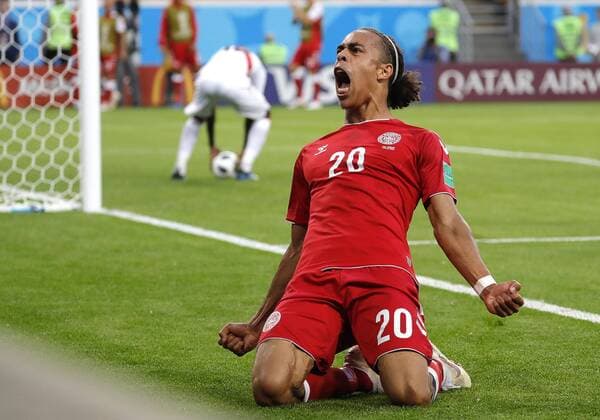 Themen der Woche - SPORT KW25 Bilder des Tages - SPORT WM 2018, Peru - DÃ¤nemark SARANSK, RUSSIA - JUNE 16, 2018: Denmark s Yussuf Yurary Poulsen reacts as he scores a goal in a First Stage Group C match between Denmark and Peru at Mordovia Arena at FIFA World Cup WM Weltmeisterschaft Fussball Russia 2018. Mikhail Japaridze TASS  TS0849D8