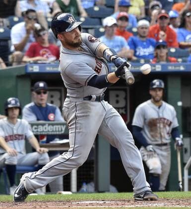 June 16, 2018 - Kansas City, MO, USA - The Houston Astros Max Stassi connects on a three-run home run off Kansas City Royals starting pitcher Danny Duffy in the sixth inning at Kauffman Stadium in Kansas City, Mo., on Saturday, June 16, 2018. The Astros won, 10-2. Houston at Kansas City - ZUMAm67_ 20180616_zaf_m67_008 Copyright: xJohnxSleezerx