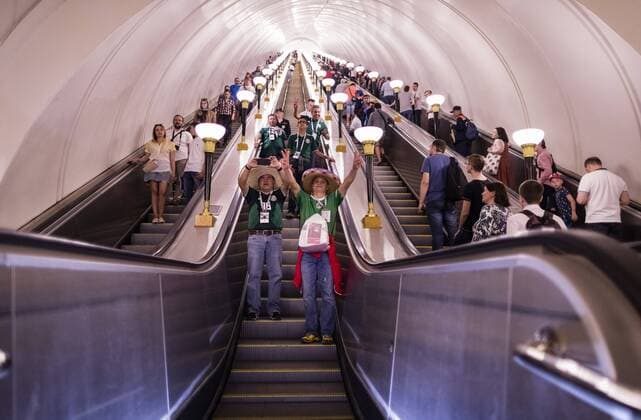 Moscow 17 06 2018 Escalator with Mexican fans in the metro station Sportivnaya at the Luschniki Stadium. Land and people