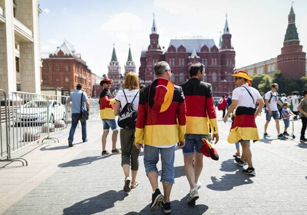 Moscow 17 06 2018 German fans in front of the State Historical Museum Moscow country and people