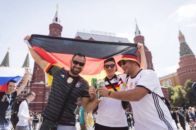 Moscow 17 06 2018 German fans in front of the State Historical Museum Moscow country and people