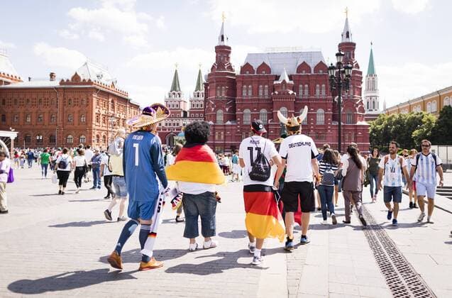 Moscow 17 06 2018 German fans in front of the State Historical Museum Moscow country and people