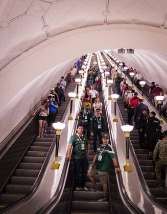 Moscow 17 06 2018 Escalator with fans in the metro station Sportivnaya at the Luschniki stadium. Land and people