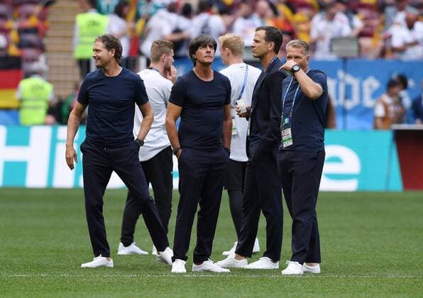 FIFA World Cup 2018 Preliminary Round Group F 17 06 2018 Germany Mexico Co Coach Marcus Sorg Coach Joachim Loew Team Manager Oliver Bierhoff and Andreas Koepke are all ahead of Germany on the pitch of the Luschniki Stadium