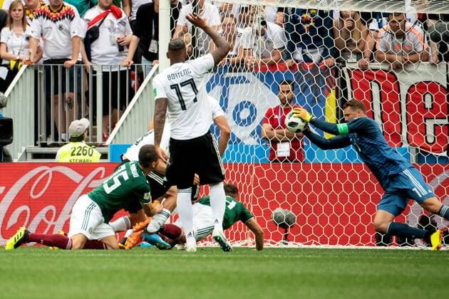 180617 goalkeeper Manuel Neuer of Germany saves a shot from Hector Moreno of Mexico during the FIFA World Cup group stage match between Germany and Mexico on June 17, 2018 in Moscow Photo Petter Arvidson BILDBYRAN Code PA 92069  Copyright: PETTERxARVIDSON BB180617PA046