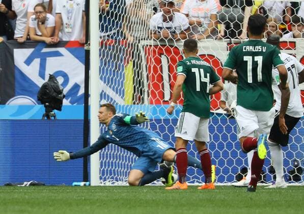 Goalkeeper Manuel Neuer Germany Germany conceded the goal from Hirving Lozano Mexico Mexico to 0 1 17 06 2018 Germany vs Mexico Luschniki Stadium Moscow