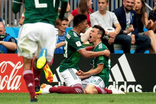 180617 Hirving Lozano celebrates with his teammates after scoring 0 1 during the FIFA World Cup group stage match between Germany and Mexico on June 17, 2018 in Moscow Photo Petter Arvidson BILDBYRAN Code PA 92069  Copyright: PETTERxARVIDSON BB180617PA055