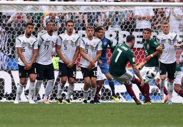 FIFA World Cup 2018 Preliminary Round Group F Germany Mexico 17 06 2018 Miguel Layun ahead Mexico lead against the wall Sami Khedira Jerome Boateng Corn Hummels Thomas Mueller and Toni Kroos all give Germany a free kick