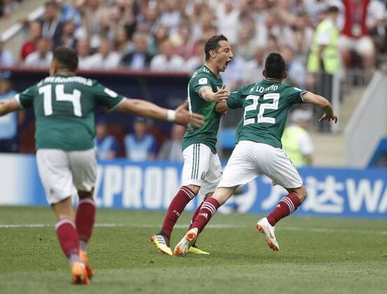(180617) -- MOSCOW, June 17, 2018 -- Hirving Lozano (R) of Mexico celebrates scoring during a group F match between Germany and Mexico at the 2018 FIFA World Cup WM Weltmeisterschaft Fussball in Moscow, Russia, June 17, 2018. ) (SP)RUSSIA-MOSCOW-2018 WORLD CUP-GROUP F-GERMANY VS MEXICO CaoxCan 