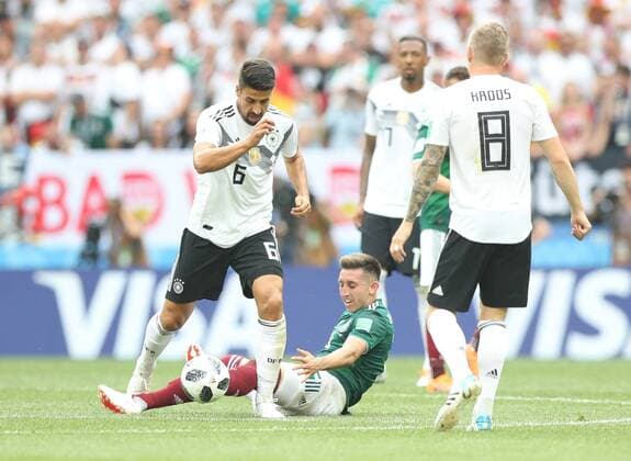 (180617) -- MOSCOW, June 17, 2018 -- Sami Khedira (1st L) of Germany vies with Hector Herrera (bottom) of Mexico during a group F match between Germany and Mexico at the 2018 FIFA World Cup WM Weltmeisterschaft Fussball in Moscow, Russia, June 17, 2018. ) (SP)RUSSIA-MOSCOW-2018 WORLD CUP-GROUP F-GERMANY VS MEXICO XuxZijian 