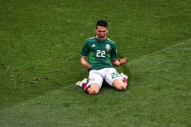 Hirving Lozano of Mexico celebrates after scoring a goal against Germany in their Group F match during the FIFA World Cup WM Weltmeisterschaft Fussball 2018 in Moscow, Russia, 17 June 2018. Mexico takes lead in first half against Germany  20180617_11793