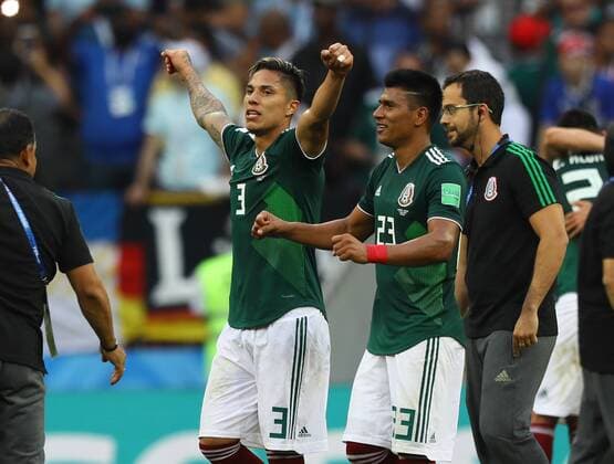 Carlos Salcedo Mexico Mexico and Jesus Gallardo Mexico Mexico celebrate the victory 17 06 2018 Germany vs Mexico Luschniki Stadium Moscow