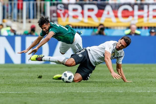Moscow Russia 17 06 2018 FIFA World Cup Group F Germany Mexico Carlos Vela MEX and Mats Hummels GER in the fight DeFodi507