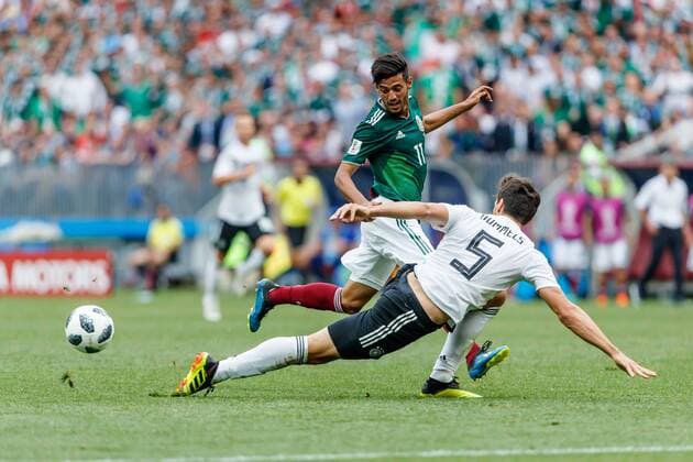 Moscow Russia 17 06 2018 FIFA World Cup Group F Germany Mexico Carlos Vela MEX and Mats Hummels GER in the fight DeFodi507