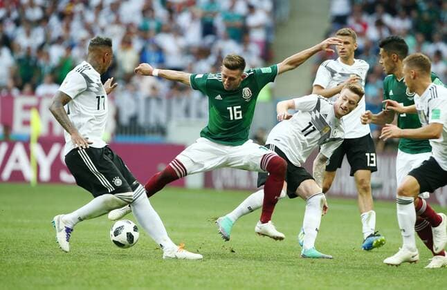 Jerome Boateng Hector Herrera Marco Reus Thomas Müller Action Game Scene Tussle Sport Football Soccer FIFA World Cup Russia Russia 2018 Season 2017 2018 17 06 2018 BRG Germany GER vs Mexico MEX
