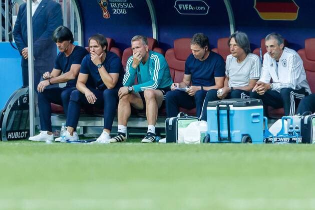 Moscow Russia 17 06 2018 FIFA World Cup Group F Germany Mexico Coach Jochaim Loew GER Assistant coach Thomas Schneider GER Goalkeeping coach Andreas Koepke GER Assistant coach Marcus Sorg GER and Dr Hans Wilhelm Mueller Wohlfahrt GER look disappointed DeFodi507