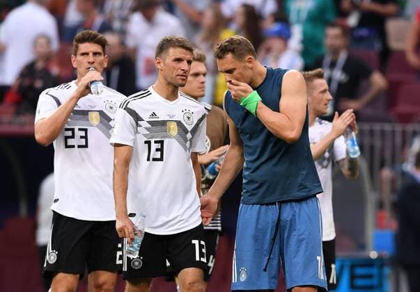 FIFA World Cup 2018 Preliminary Round Group F Germany Mexico 17 06 2018 Mario Gomez Thomas Mueller and goalkeeper Manuel Neuer v l all Germany are disappointed after the final whistle