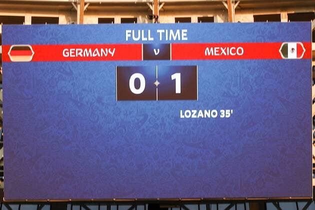 MOSCOW, RUSSIA - JUNE 17, 2018: A screen showing the score after the 2018 FIFA World Cup WM Weltmeisterschaft Fussball Group F football match between Germany and Mexico at Luzhniki Stadium. Mexico won the game 1-0. Valery Sharifulin TASS  TS084CB4