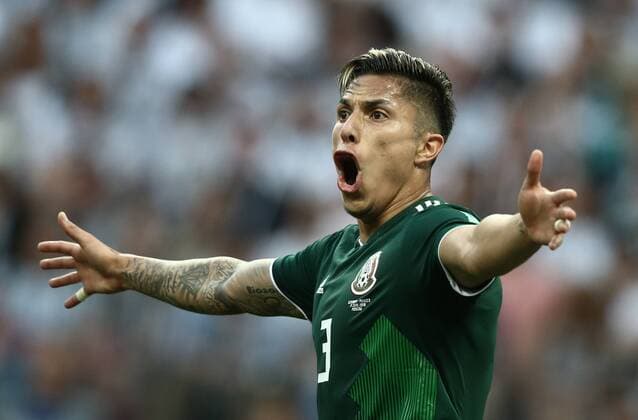 MOSCOW, RUSSIA - JUNE 17, 2018: Mexico s Carlos Salcedo celebrates his team s victory in the 2018 FIFA World Cup WM Weltmeisterschaft Fussball Group F football match against Germany at Luzhniki Stadium. Mexico won the game 1-0. Valery Sharifulin TASS  TS084CC1