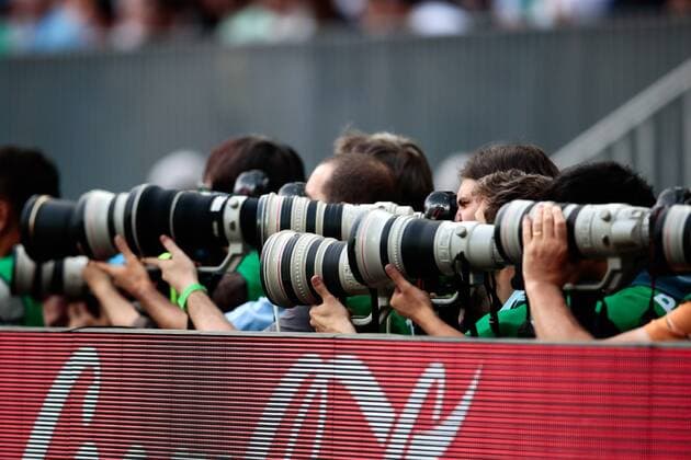 MOSCOW, RUSSIA - JUNE 17, 2018: Photographers during the 2018 FIFA World Cup WM Weltmeisterschaft Fussball Group F football match between Germany and Mexico at Luzhniki Stadium. Mexico won the game 1-0. Denis Tyrin TASS  TS084C88