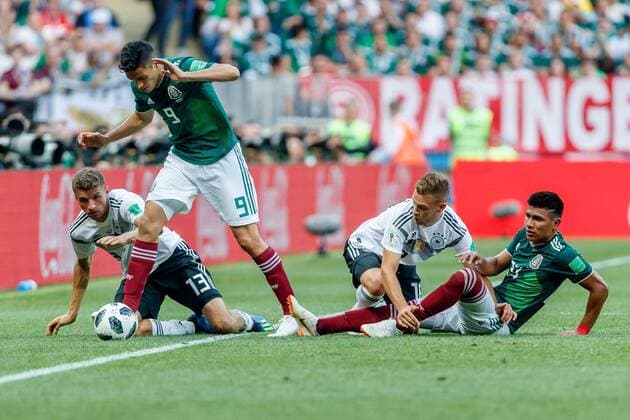 Moscow Russia 17 06 2018 FIFA World Cup Group F Germany Mexico Thomas Mueller GER Joshua Kimmich GER Raul Jimenez MEX and Hirving Lozano MEX in a duel DeFodi507