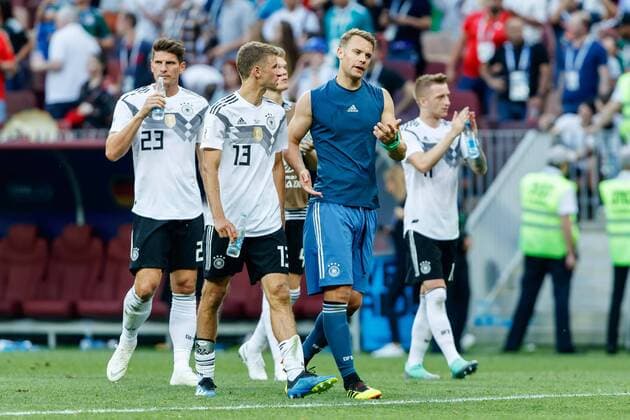 Moscow Russia 17 06 2018 FIFA World Cup Group F Germany Mexico Thomas Mueller GER and goalkeeper Manuel Neuer GER discussion DeFodi507