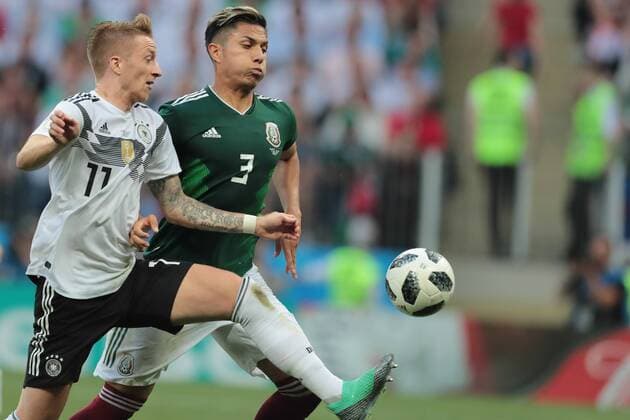 June 17, 2018 - Moscow, Russia - forward Marco Reus of Germany national team Nationalteam and defender Carlos Salcedo of Mexico National team during a Group F 2018 FIFA World Cup WM Weltmeisterschaft Fussball soccer match between Germany and Mexico on June 16, 2018, at the Kazan Arena in Kazan, Russia. Germany v Mexico: Group F - 2018 FIFA World Cup Russia  - ZUMAn230 20180617_zaa_n230_872 Copyright: xAnatolijxMedvedx