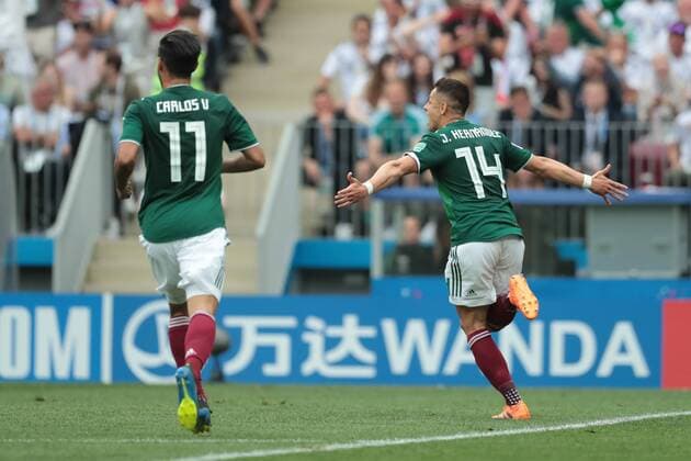 KAZAN, RUSSIA - JUNE 17: forward Javier Hernandez of Mexico celebrates the goal during a Group F 2018 FIFA World Cup WM Weltmeisterschaft Fussball soccer match between Germany and Mexico on June 16, 2018, at Kazan Arena in Kazan, Russia. (Photo by Anatoliy Medved Icon Sportswire) SOCCER: JUN 17 FIFA World Cup Group Stage - Germany v Mexico Icon180617017 EDITORIAL USE ONLY