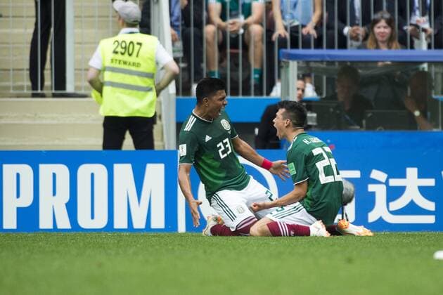 June 17, 2018 - Moscow, Russia - Hirving Lozano and Jesus Gallardo of Mexico celebrates scoring during the 2018 FIFA World Cup WM Weltmeisterschaft Fussball Russia Group F match between Germany and Mexico at Luzhniki Stadium in Moscow, Russia on June 17, 2018 Germany v Mexico : Group F - 2018 FIFA World Cup Russia  - ZUMAn230 20180617_zaa_n230_1038 Copyright: xAndrewxSurmax