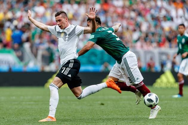 Moscow Russia 17 06 2018 FIFA World Cup Group F Germany Mexico Julian Draxler GER and Carlos Salcedo MEX in a duel DeFodi507