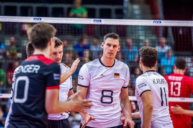 Marcus Boehme 8 GER Julian Zenger 10 GER Lukas Kampa Captain 11 GER Christian Fromm 1 GER at the match Germany Russia in the Volleyball Nations League of the men Ludwigsburg 17 06 18 Volleyball Nations League Ludwigsburg Baden Württemberg Germany MHP Arena PIX-Sportfotos