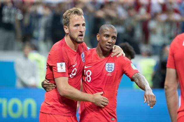 Harry Kane of England and Ashley Young of England during the 2018 FIFA World Cup WM Weltmeisterschaft Fussball Russia match between Tunisia and England at the Volgograd Arena, Volgograd, Russia on 18 June 2018. Copyright: xPeterxDovganx 20210115