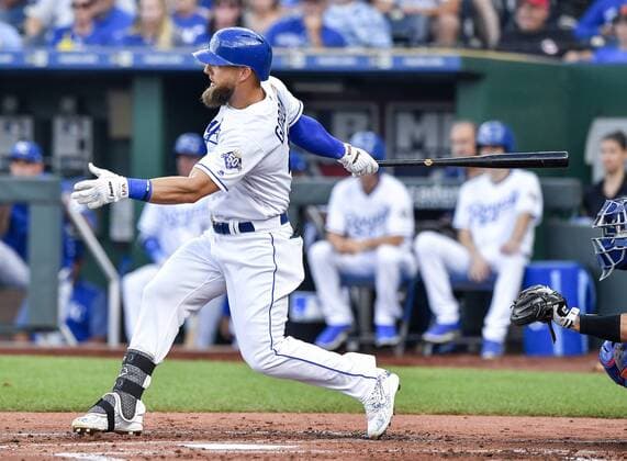 June 20, 2018 - Kansas City, MO, USA - Kansas City Royals Alex Gordon follows through on a single in the second inning against the Texas Rangers on Wednesday, June 20, 2018, at Kauffman Stadium in Kansas City, Mo. Texas Rangers vs. Kansas City Royals - ZUMAm67_ 20180620_zaf_m67_032 Copyright: xJohnxSleezerx