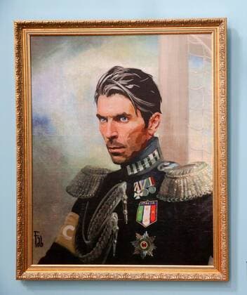 ST PETERSBURG, RUSSIA â€“ JUNE 21, 2018: Portrait of Italian football goalkeeper Gianluigi Buffon by Italian artist Fabrizio Birimbelli on display at the Like the Gods exhibition featuring paintings of football stars in historical uniforms at the Museum of the Russian Academy of Arts during the 2018 FIFA World Cup WM Weltmeisterschaft Fussball Alexander Demianchuk TASS  83927564st