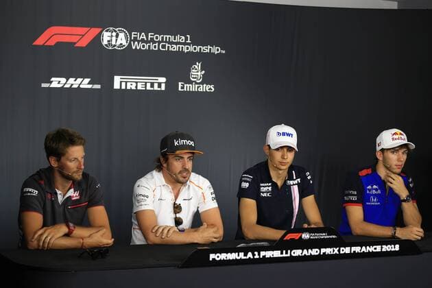 21st June 2018, Circuit Paul Ricard, Le Castellet, France; French Formula One Grand Prix, driver arrivals and press conference PK Pressekonferenz Scuderia Toro Rosso, Pierre Gasly, Sahara Force India, Esteban Ocon, McLaren, Fernando Alonso and Haas F1 Team, Romain Grosjean ActionPlus12039166 Octane