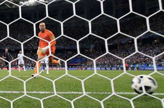 NIZHNY NOVGOROD, RUSSIA â€“ JUNE 21, 2018: Argentina s goalkeeper Wilfredo Caballero concedes a goal in a First Stage Group D football match between Argentina and Croatia at Nizhny Novgorod Stadium at FIFA World Cup WM Weltmeisterschaft Fussball Russia 2018; Croatia won 3-0. Mikhail Japaridze TASS  TS0859D8