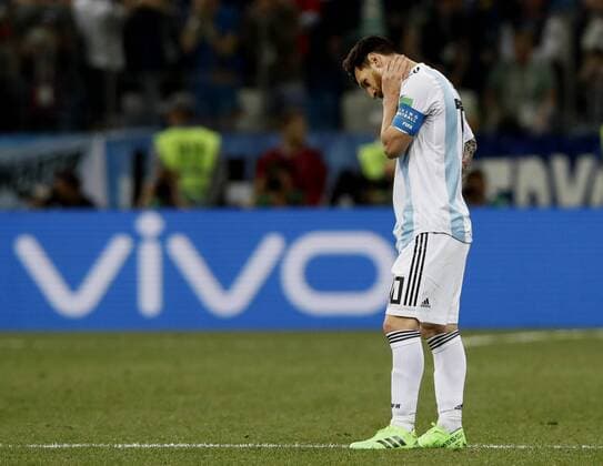 Football: Argentina vs Croatia at World Cup Lionel Messi of Argentina looks dejected after Croatia s second goal during the second half of a World Cup group stage match in Nizhny Novgorod Russia, June 21, 2018. Croatia won 3-0. 