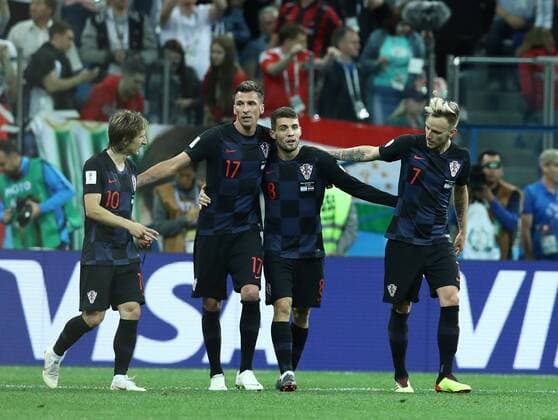 June 21, 2018 - Nizhny Novogorod, Russia - Group D Argentina v Croazia - FIFA World Cup WM Weltmeisterschaft Fussball Russia 2018.Mateo Kovacic (Croatia) Ivan Rakitic (Croatia) and Mario Mandzukic (Croatia) celebrate at Nizhny Novgorod Stadium, Russia on June 21, 2018. Argentina v Croatia: Group D - 2018 FIFA World Cup Russia  - ZUMAn230 20180621_zaa_n230_880 Copyright: xMatteoxCiambellix
