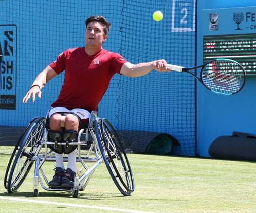 Rohlstuhltennis, Queens Club London June 22, 2018 - London, United Kingdom - Gordon Reid in action .during Fever-Tree Championships Wheelchair Event match between Gordon Reid against Nicolas Peifer (FRA) at The Queen s Club, London, on 22 June 2018 Fever-Tree Championships - Day Five  - ZUMAn230 20180622_zaa_n230_652 Copyright: xKieranxGalvinx