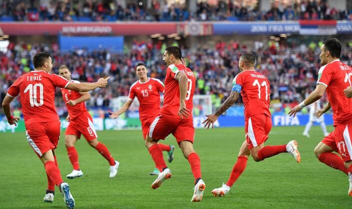 (180622) -- KALININGRAD, June 22, 2018 -- Aleksandar Mitrovic (3rd R) of Serbia celebrates scoring during the 2018 FIFA World Cup WM Weltmeisterschaft Fussball Group E match between Switzerland and Serbia in Kaliningrad, Russia, June 22, 2018. ) (SP)RUSSIA-KALININGRAD-2018 WORLD CUP-GROUP E-SWITZERLAND VS SERBIA LiuxDawei 