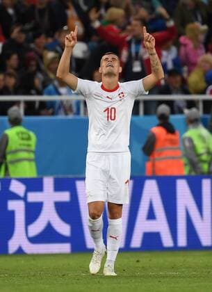 Bilder des Tages - SPORT WM 2018, Serbien - Schweiz (180622) -- KALININGRAD, June 22, 2018 -- Granit Xhaka of Switzerland celebrates his scoring during the 2018 FIFA World Cup WM Weltmeisterschaft Fussball Group E match between Switzerland and Serbia in Kaliningrad, Russia, June 22, 2018. ) (SP)RUSSIA-KALININGRAD-2018 WORLD CUP-GROUP E-SWITZERLAND VS SERBIA ChenxCheng 