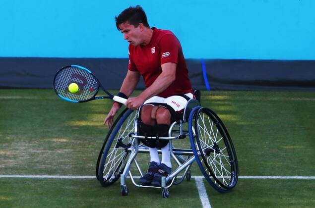 Rohlstuhltennis, Queens Club London June 22, 2018 - London, United Kingdom - Gordon Reid (GBR) .during Fever-Tree Championships Wheelchair Doubles Event match between Alfie Hewett and Gordon Reid (GBR) against Stephane Houdet and Nicolas Peifer (FRA) at The Queen s Club, London, on 22 June 2018 Fever-Tree Championships - Wheelchair Tennis  - ZUMAn230 20180622_zaa_n230_993 Copyright: xKieranxGalvinx